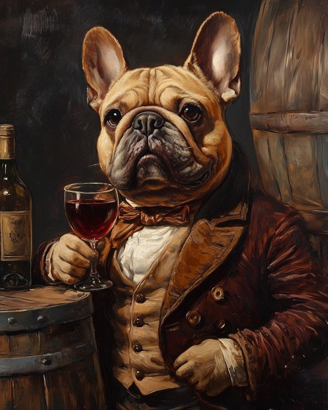 Bulldog dressed as a Victorian gentleman with a cravat, witty oil portrait wall art