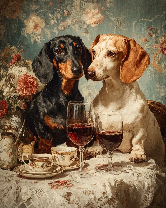 Dachshund couple dressed in full Victorian attire, charming and humorous portrait painting