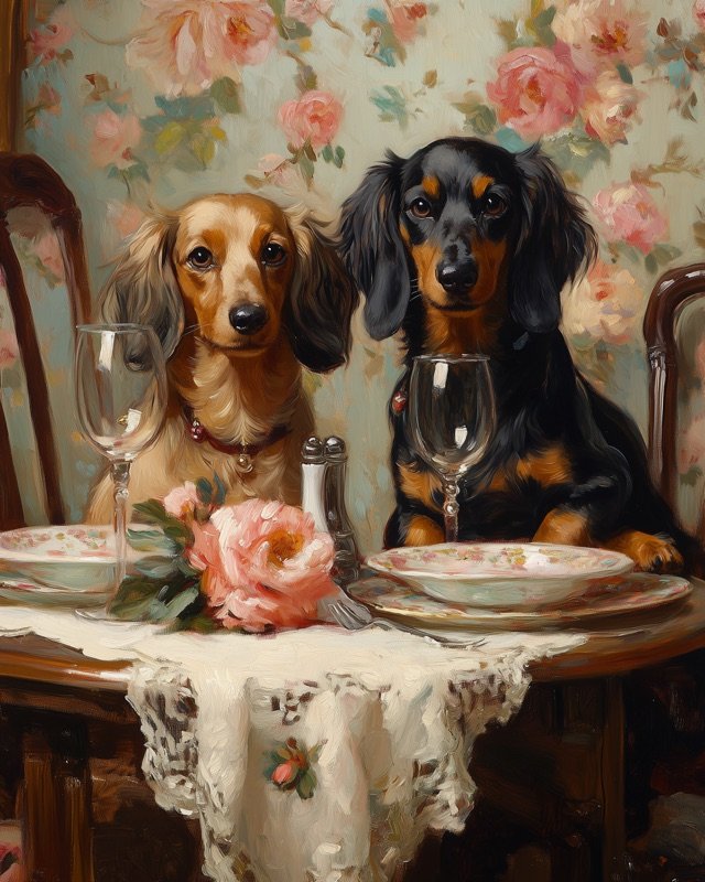 Dachshund couple hosting a Victorian afternoon tea, whimsical oil portrait for kitchens