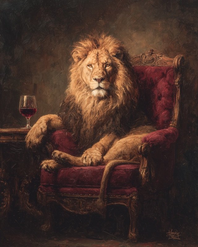 Regal lion seated in a burgundy velvet armchair, dignified animal portrait oil painting