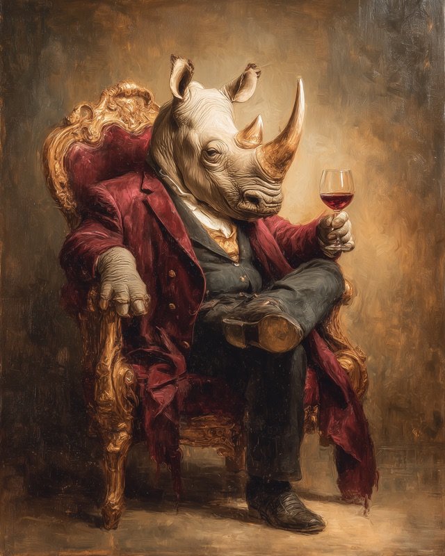 Rhinoceros in a formal burgundy armchair, amusing Victorian-style animal portrait