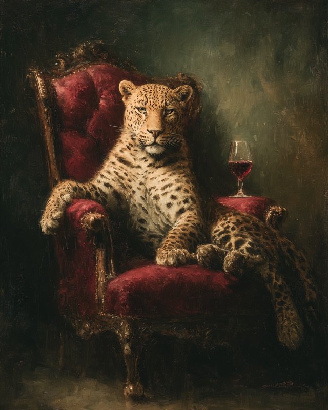 Leopard in a burgundy velvet chair, a regal and striking animal portrait painting