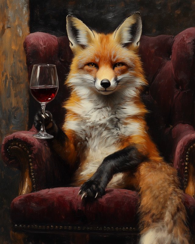 Red fox seated in a burgundy velvet armchair, charming formal animal portrait print