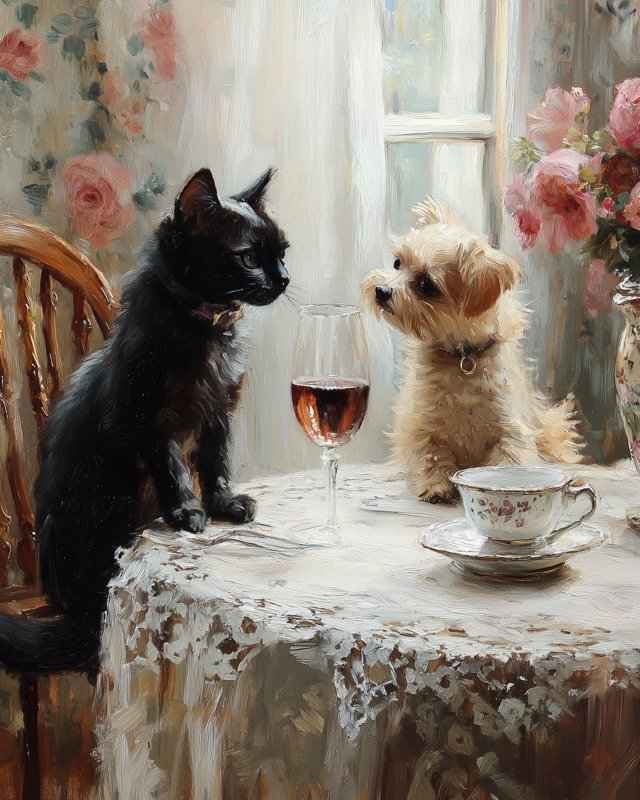 Siamese cat and small terrier seated together in a refined oil portrait composition