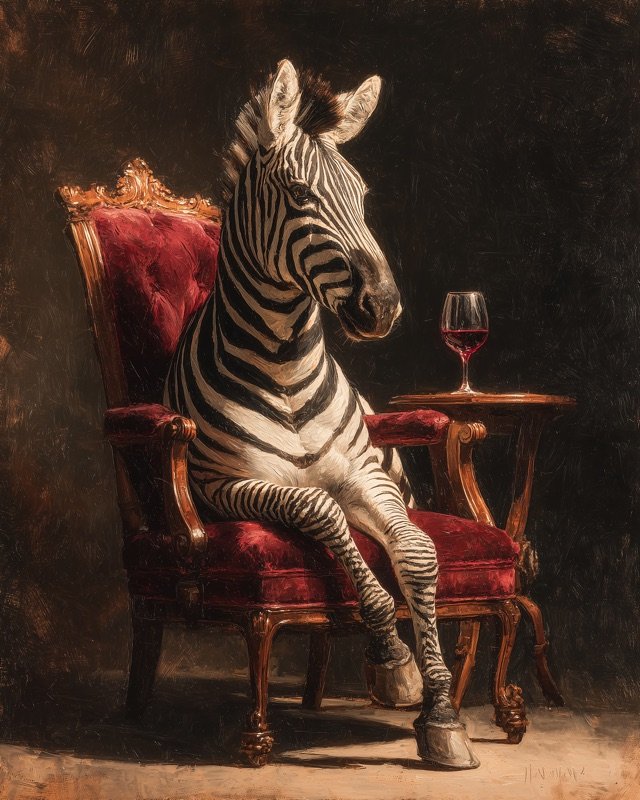Zebra in a burgundy velvet chair, bold and striking Victorian animal portrait painting