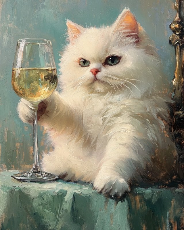 Fluffy white Persian cat in a velvet Victorian armchair, charming and warm portrait print