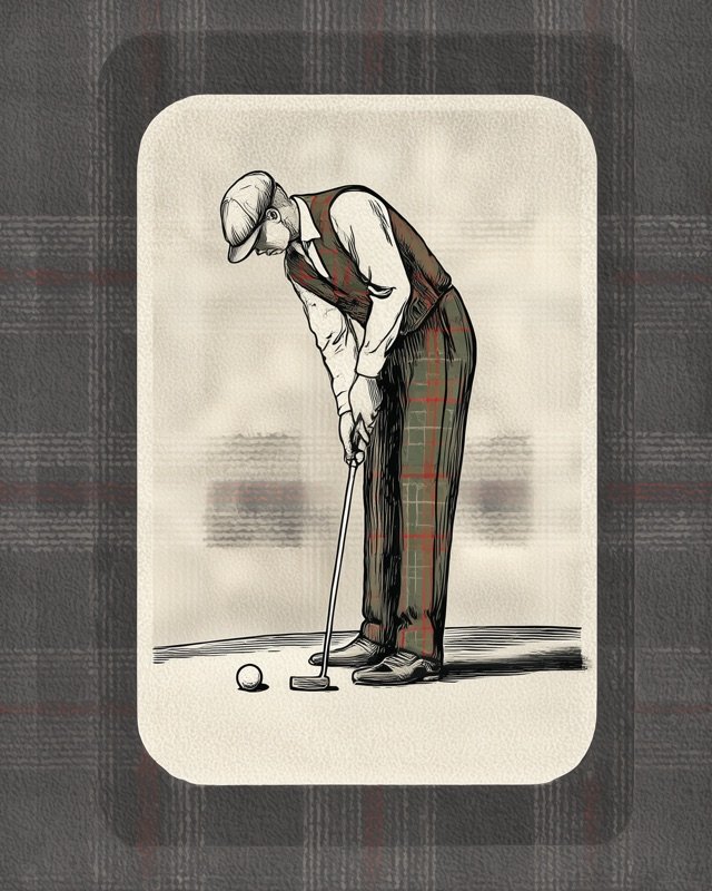 Classic playing card illustration of a golfer addressing a careful putt on the green