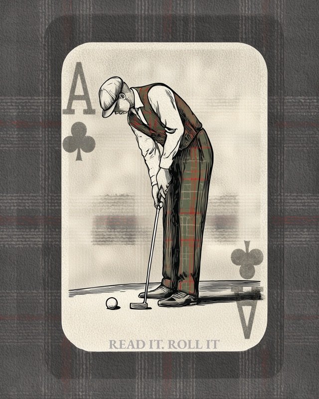Vintage card illustration of a golfer reading a putt beside the links fairway