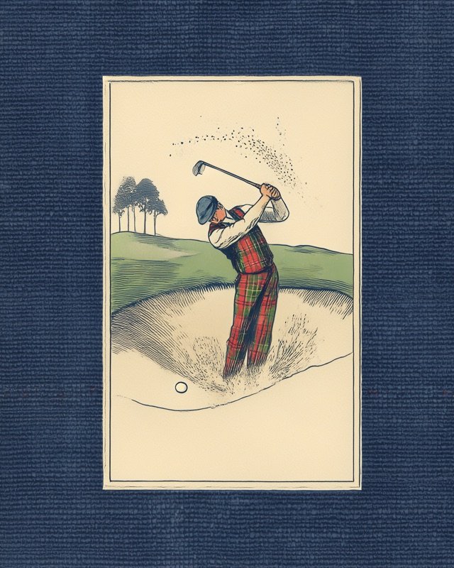 Vintage card design golfer exploding out of a sand bunker in an action pose