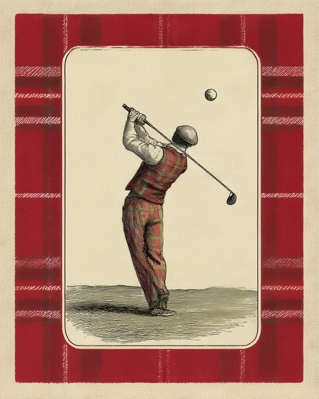 Retro card illustration of a golfer finishing a fairway shot with full follow-through
