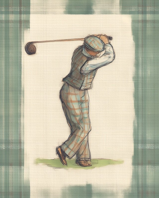Retro illustration of a golfer mid driver swing, vintage playing card graphic style