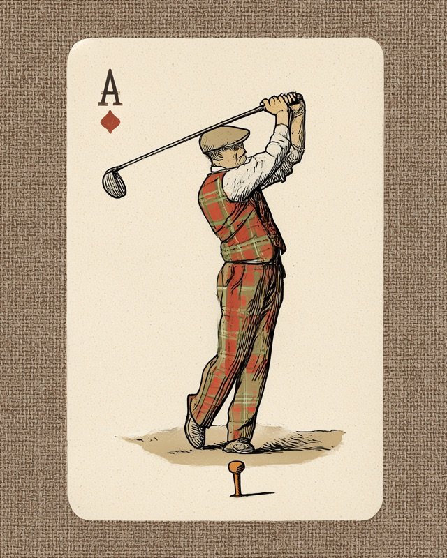 Vintage card design golfer in mid driver swing on the open fairway