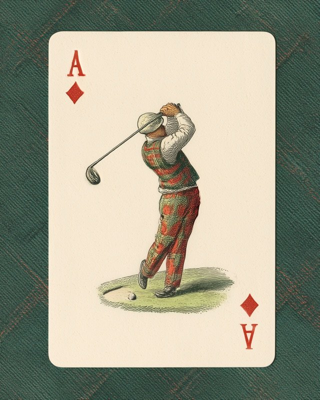 Classic playing card golfer in a driver swing rendered in bold vintage illustration