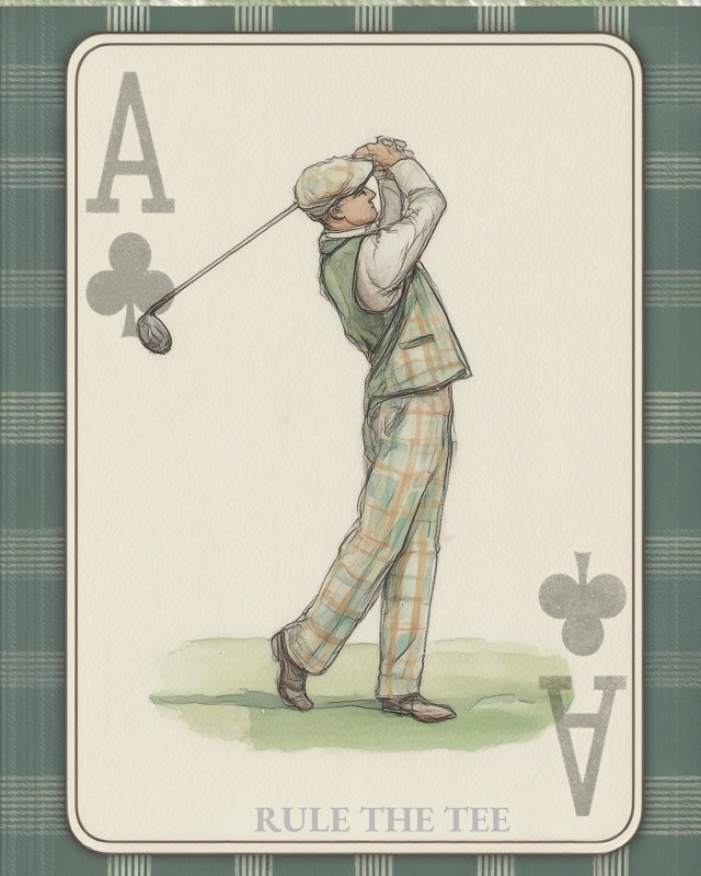 Vintage card design golfer in a full driver swing with warm golden colour tones