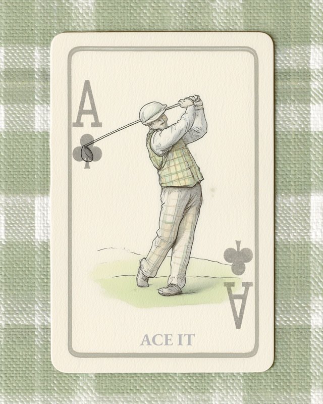 Classic playing card golfer in a driver swing rendered in cool muted tones