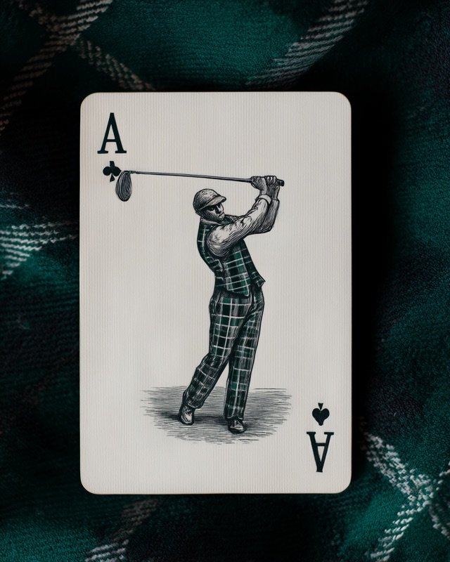 Retro vintage card golfer in a powerful swing on the tee box, bold graphic style