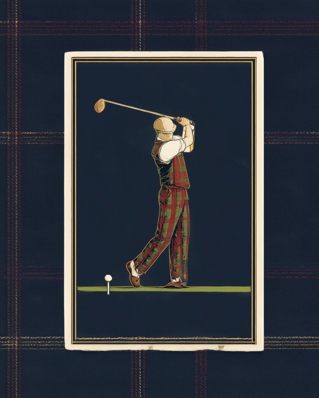 Classic playing card golfer in a full swing viewed from behind the tee