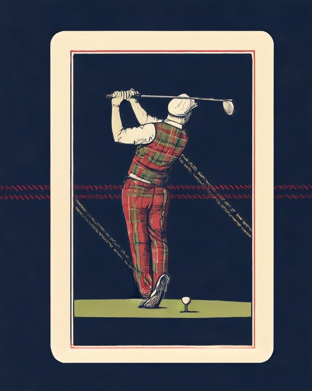 Retro card design golfer completing a full power drive, dynamic golf wall art
