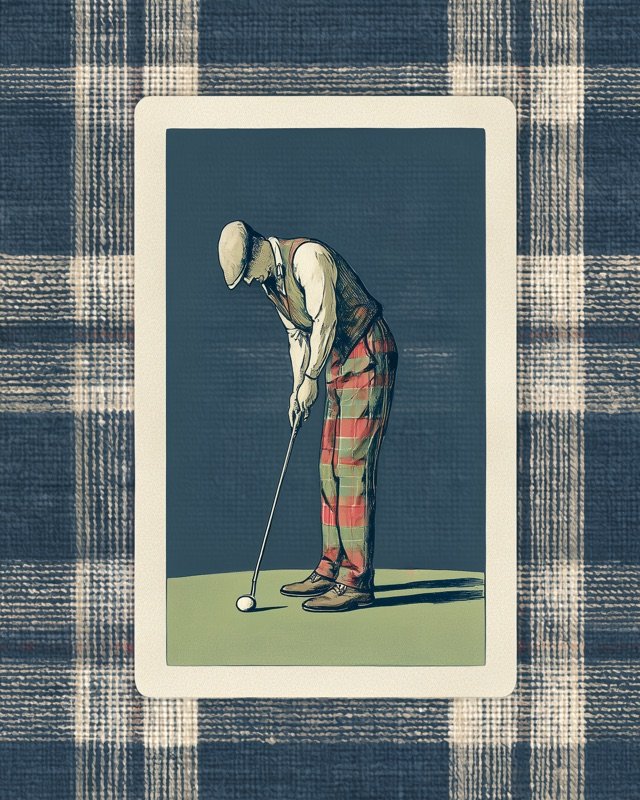 Vintage playing card style golfer lining up a careful putt on the final green