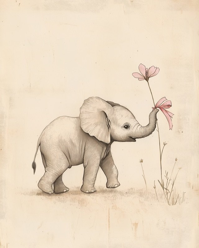 Antique ink illustration of a baby elephant standing with gentle and curious posture