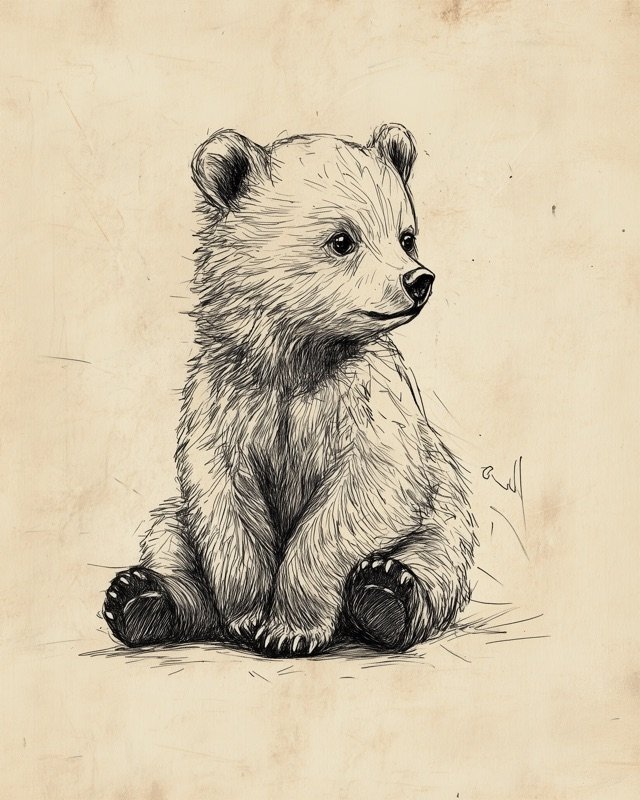 Fine-line antique illustration of a bear cub nestled beneath a canopy of woodland foliage