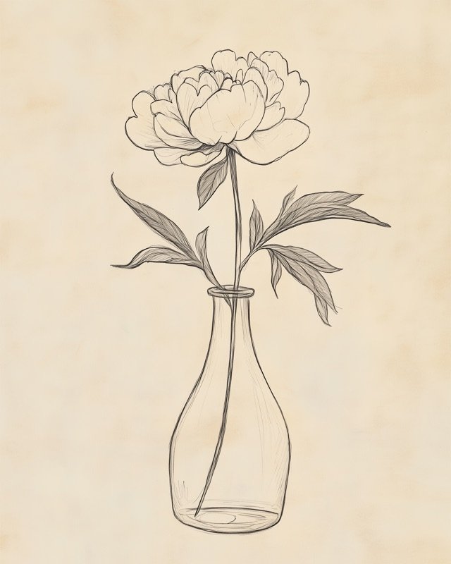Antique ink sketch of a delicate glass vase holding a single wildflower stem