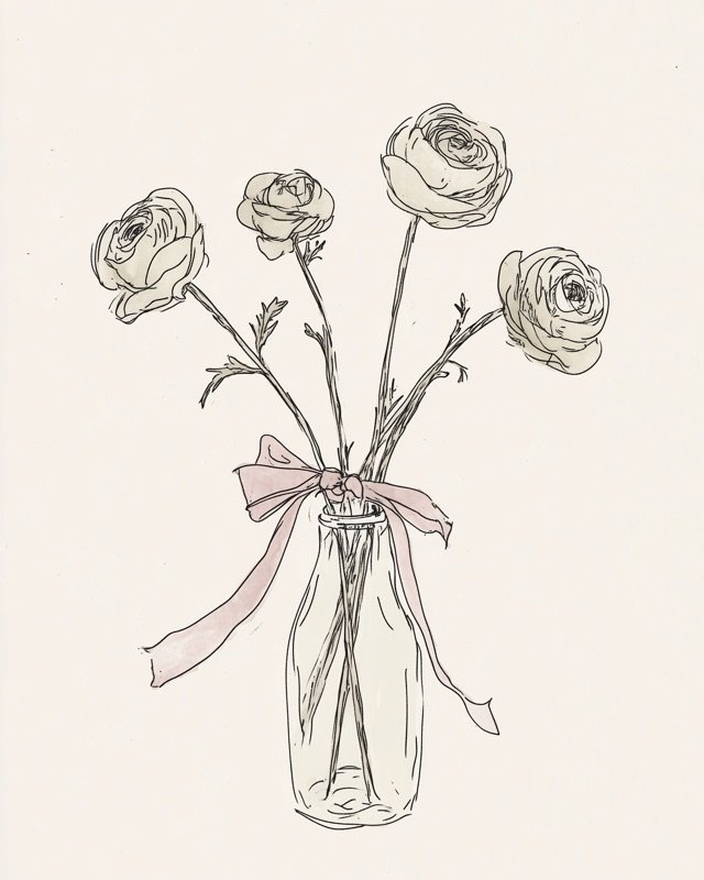 Fine-line ink drawing of a slender glass vase with a few wildflower stems arranged loosely