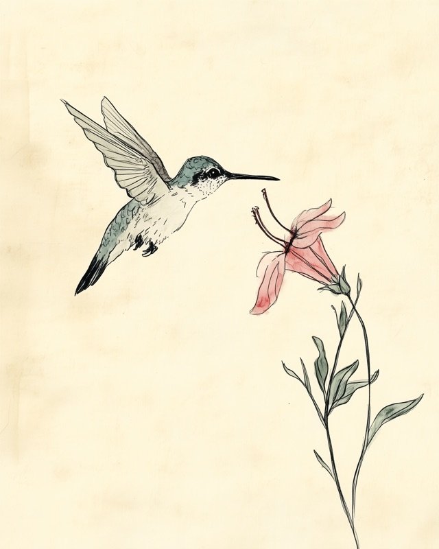 Antique ink illustration of a hummingbird hovering at full speed near an open flower