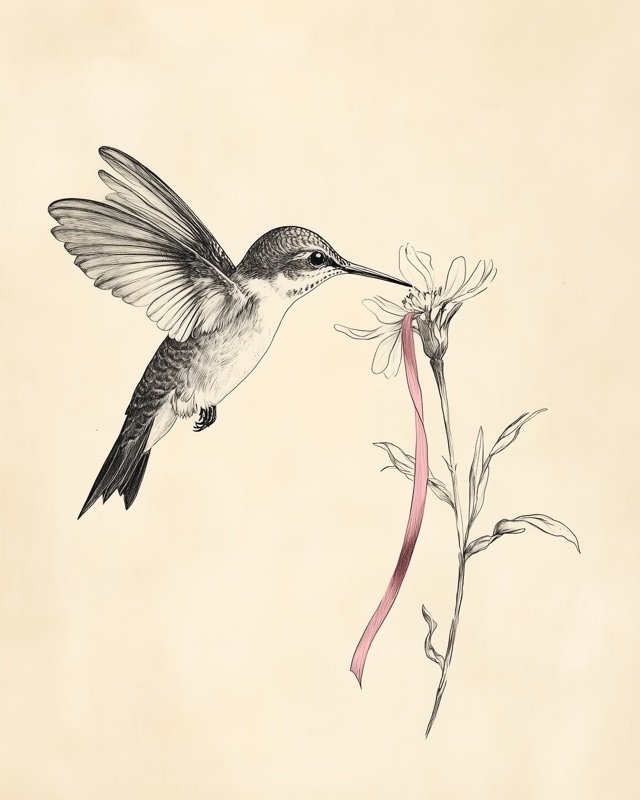 Delicate fine-line ink sketch of a hummingbird suspended in mid-flight