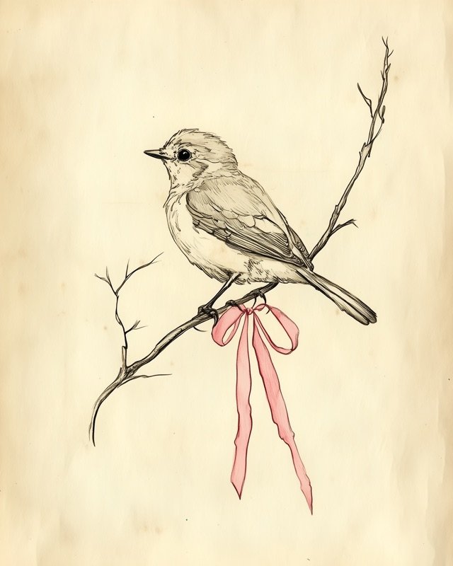 Antique ink sketch of a delicate songbird perched on a slender flowering branch