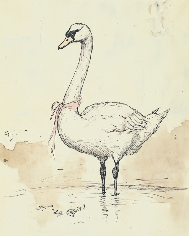 Antique ink illustration of a graceful swan standing at the edge of still water