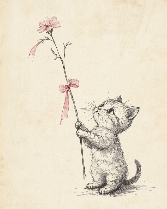 Fine-line ink sketch of a playful kitten holding a flower stem between its paws
