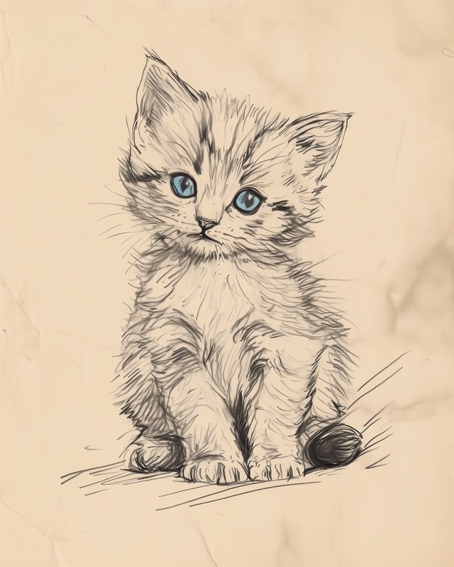 Antique ink drawing of a curious young kitten sitting upright with its ears alert