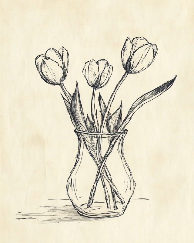 Delicate antique ink illustration of a simple glass vase with a few wildflower stems