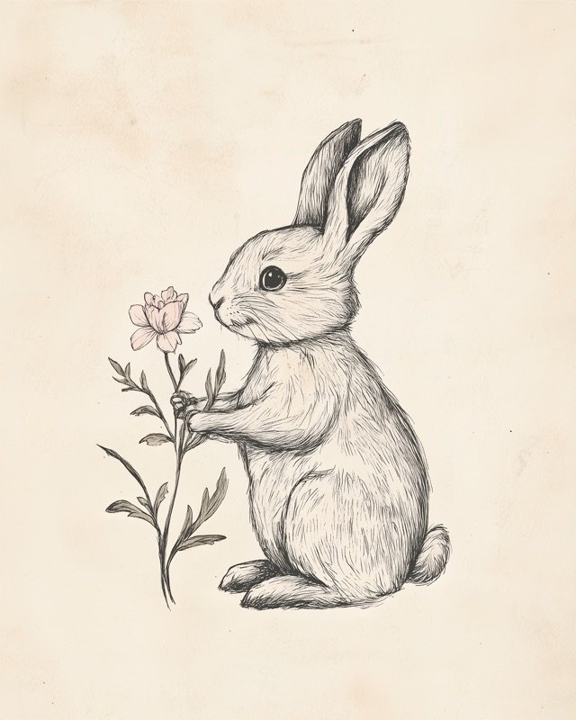 Delicate fine-line ink sketch of a small bunny sitting upright with its ears raised