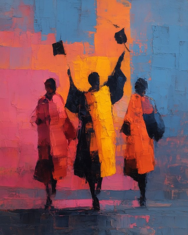 Abstract minimal oil painting of figures tossing graduation caps into the air