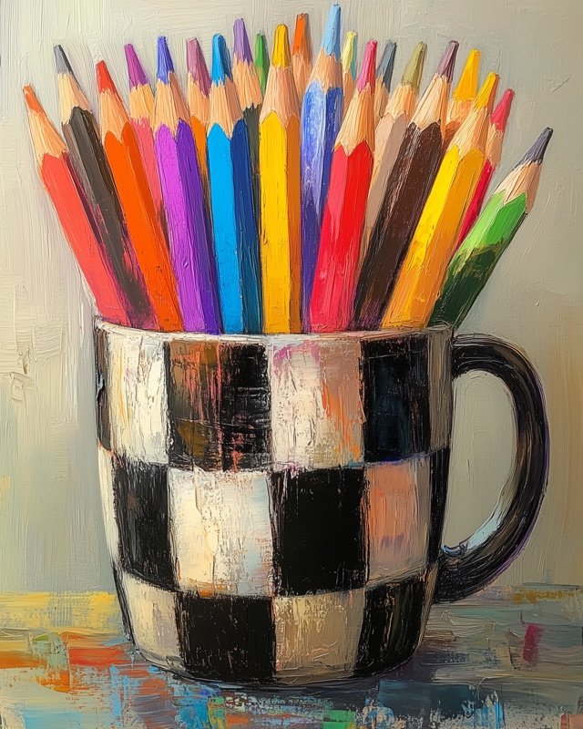 Ceramic mug overflowing with colourful pencils, warm expressive oil painting for a study