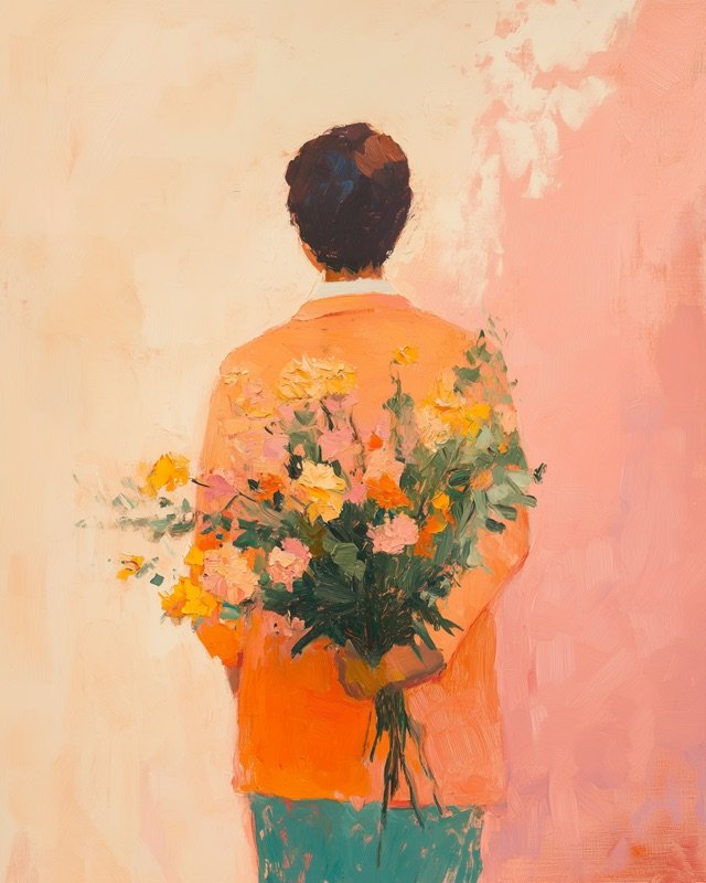 Oil painting of a graduate walking away from the viewer in cap and gown