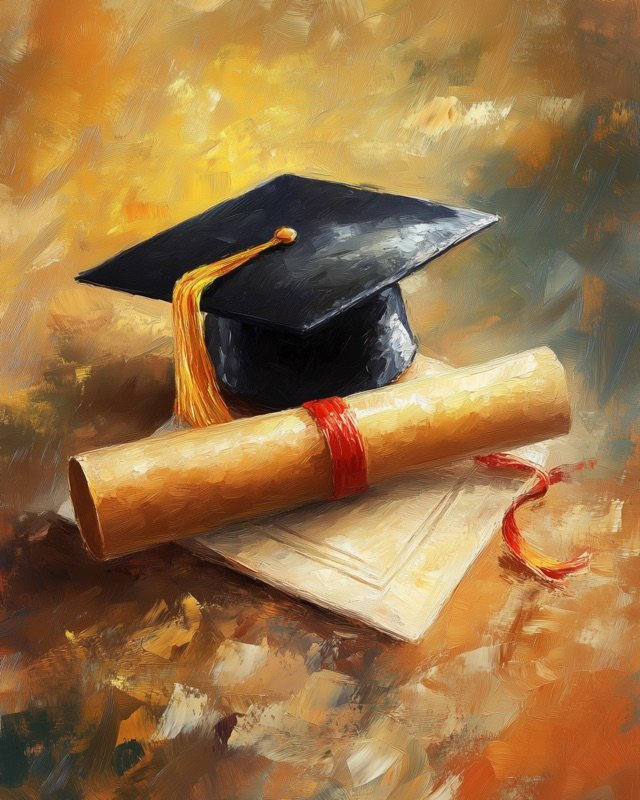 Graduation cap alongside a ribbon-tied diploma in an expressive oil painting style