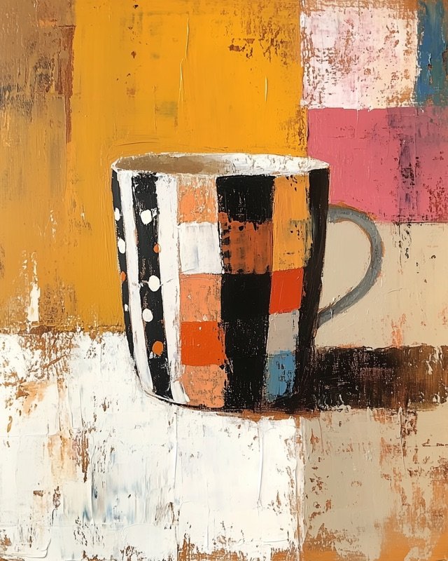 Pencil cup with mixed stripe and dot patterns, charming oil painting for a child's study