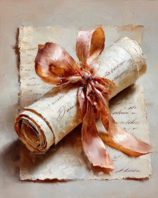 Rolled diploma tied with a ribbon bow, painted in a warm expressive oil style