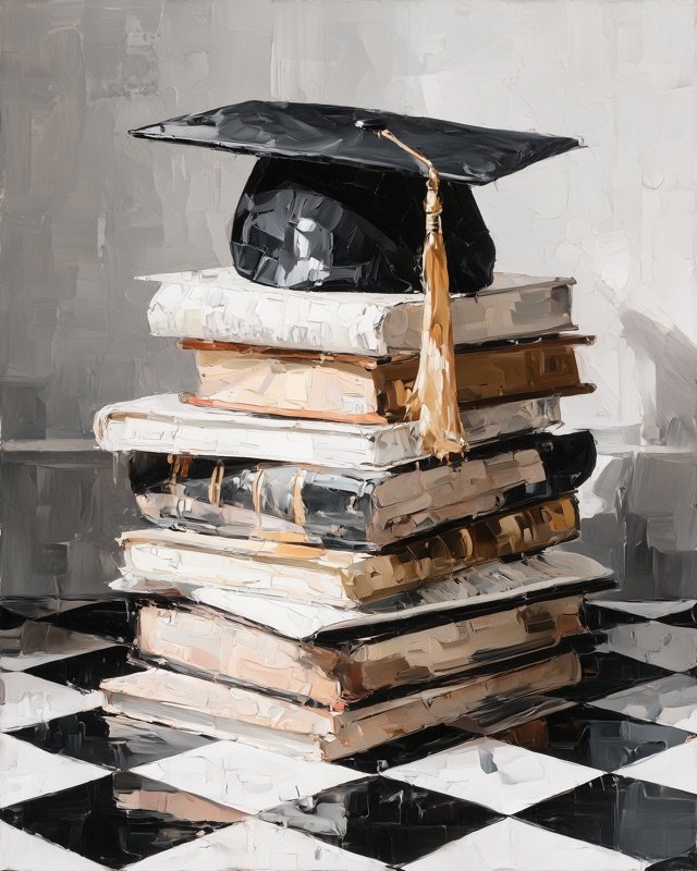 Stack of books topped with a graduation cap, warm oil painting for a study or library