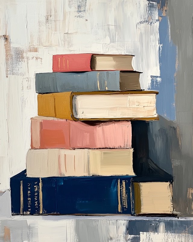 Stacked books with bold abstract colour blocks, graphic expressive oil painting