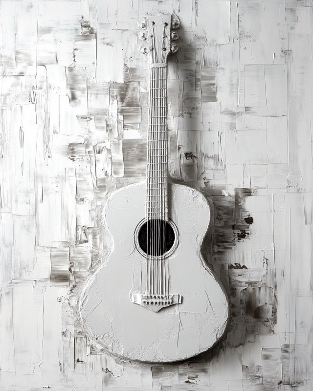 Acoustic guitar sculpted in bas relief oil painting with sharply defined light and shadow