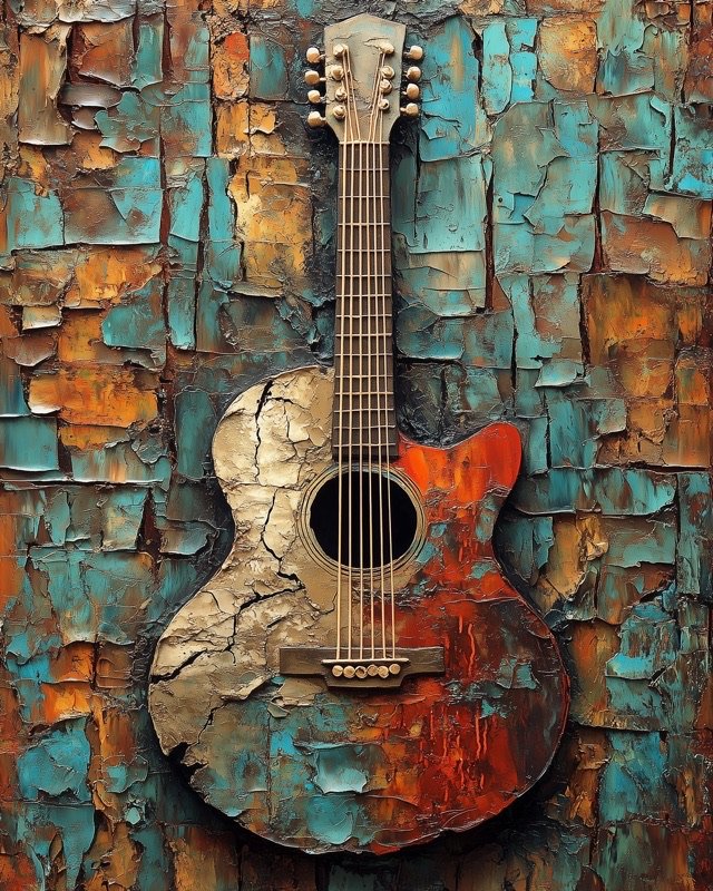 Acoustic guitar sculptural bas relief oil painting with deep dramatic shadow and refined detail