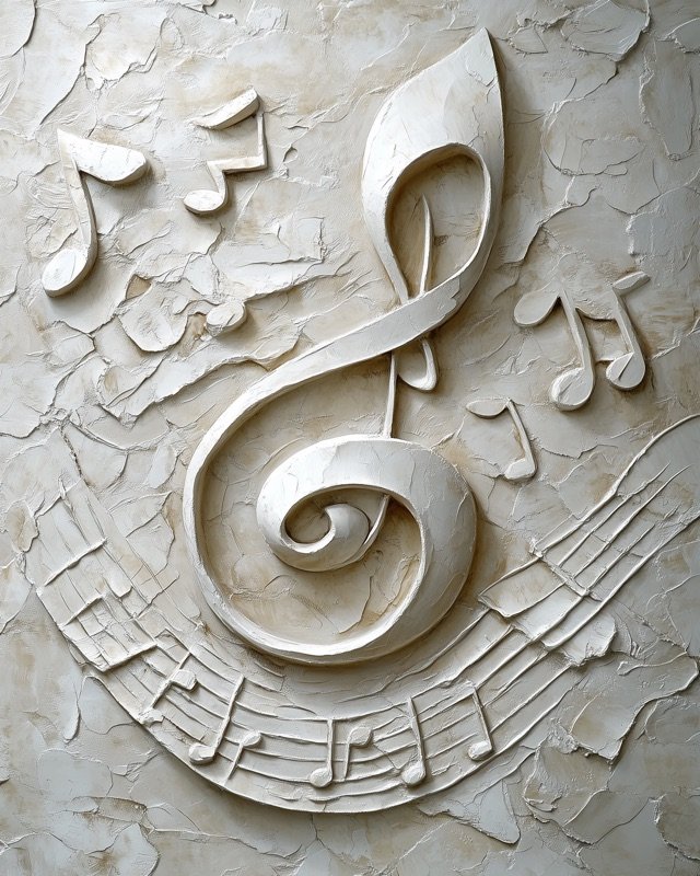 Flowing musical notes and a sculpted treble clef in a textured bas relief oil painting