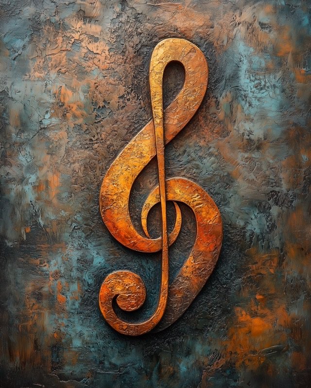 Minimal treble clef bas relief sculpture oil painting with ultra-refined surface detail