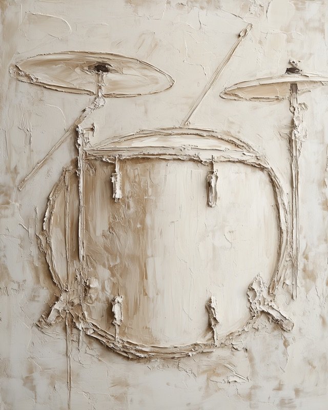 Acoustic drum kit captured in a sculptural relief oil painting style for music room walls