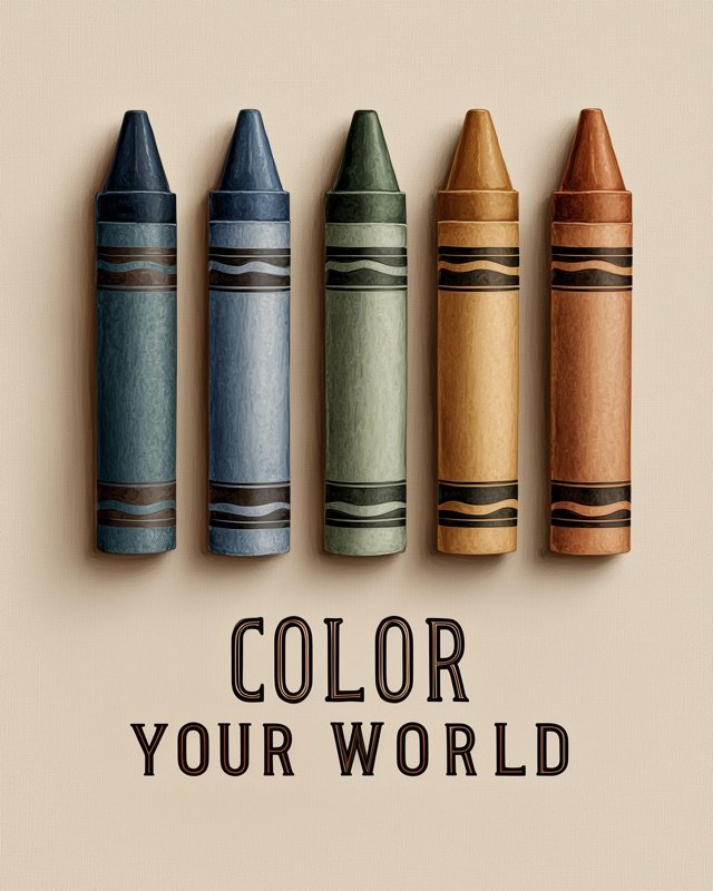 Color Your World illustrated nursery print featuring five earthy-toned crayons above retro block text