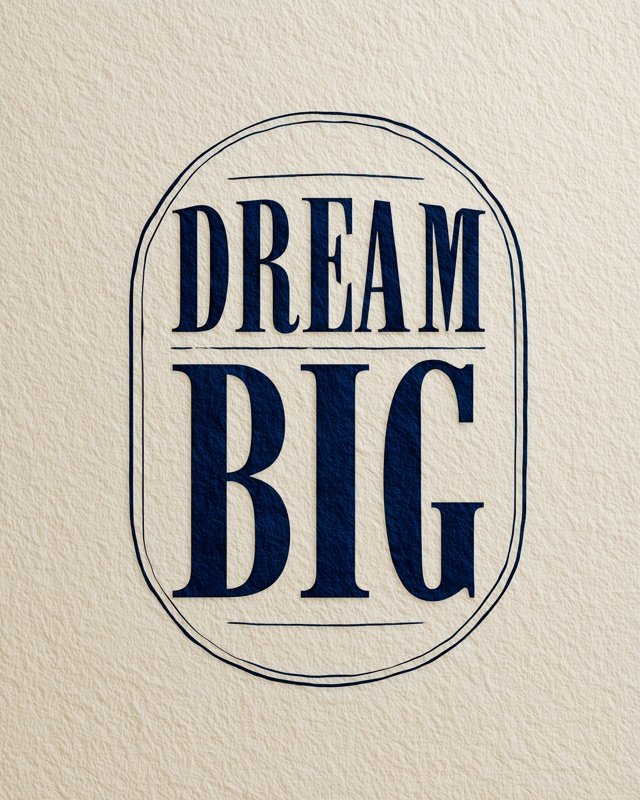 Dream Big typographic nursery print with bold navy slab serif text in a vintage oval frame
